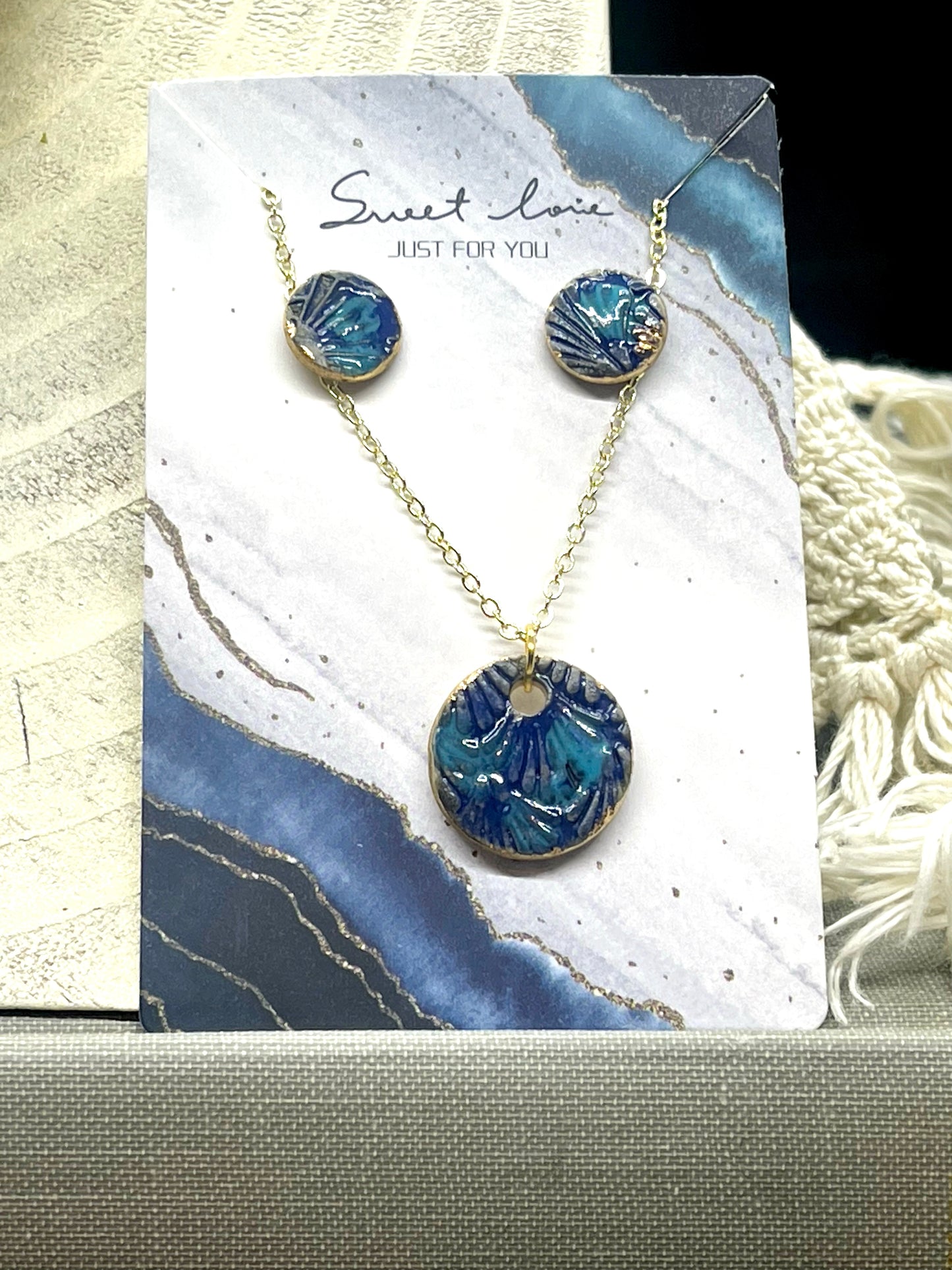 Necklace and Earring Set with 24K Gold Accents - CIRCLE TEAL