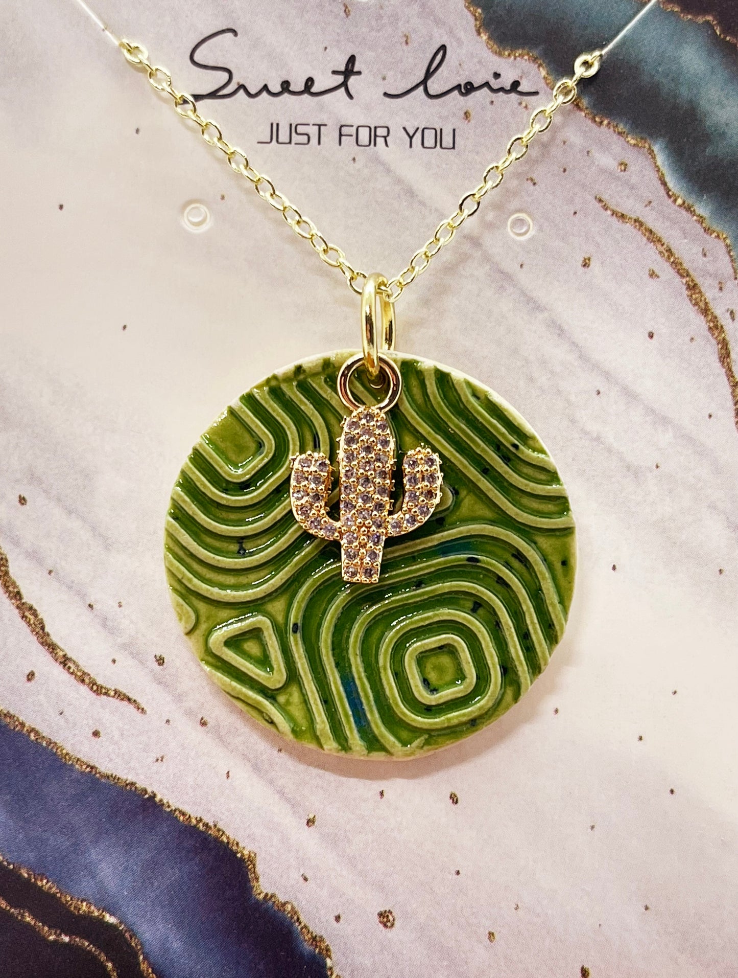 Necklace with Golden Accents - GOLDEN & GREEN SAGUARO CHARM