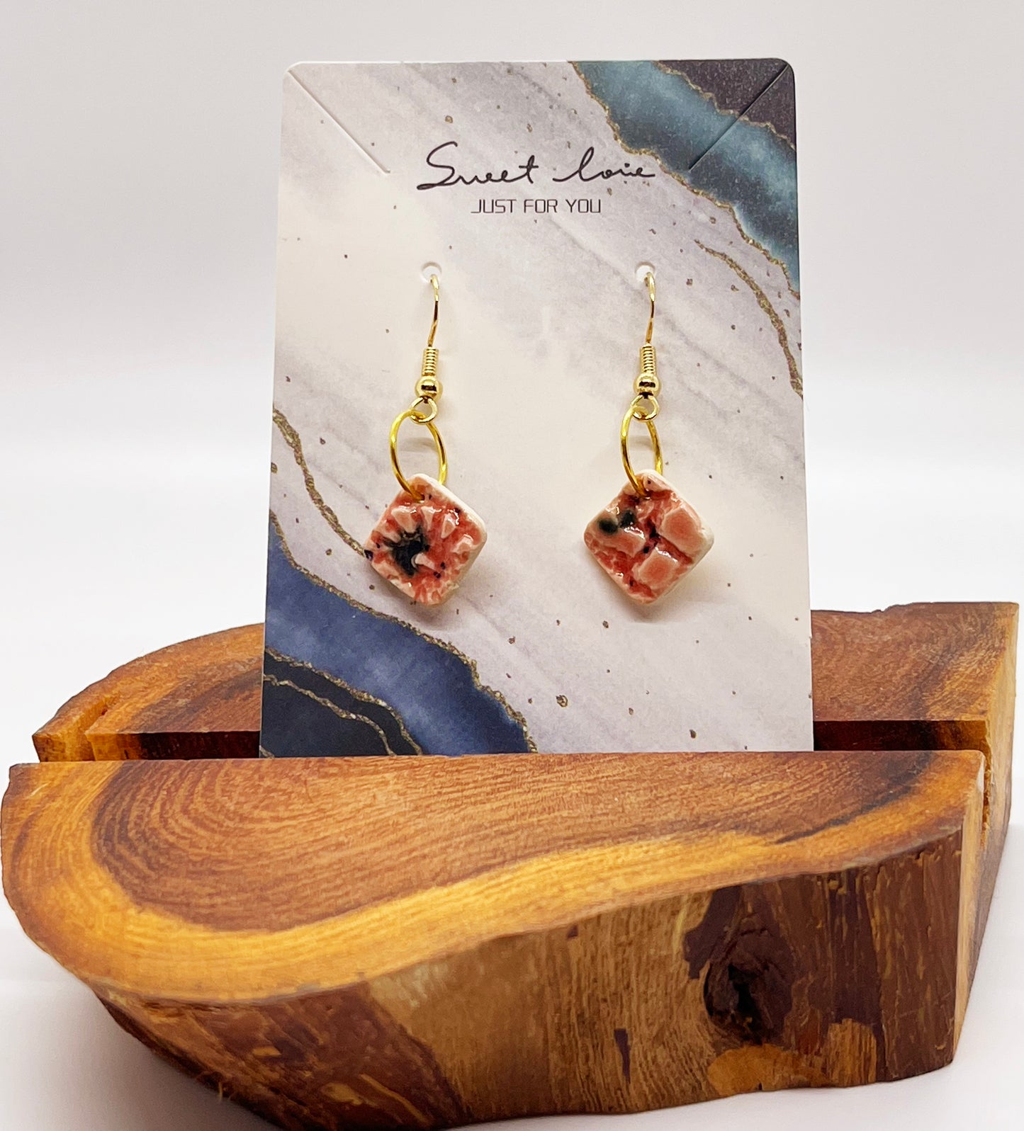 Earring set with Golden Accents - PINK SPECKLED - MICRO DIAMOND DANGLE