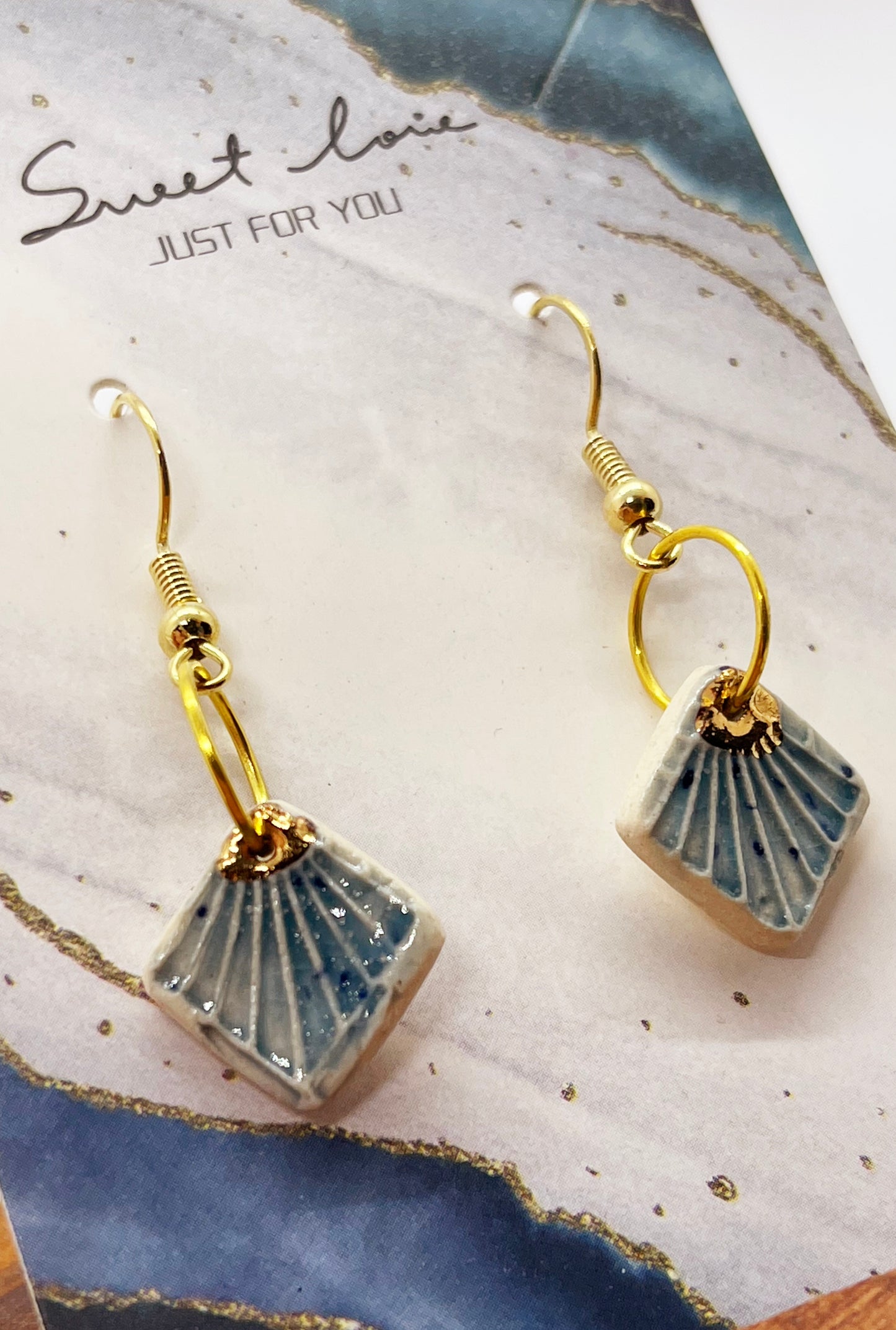 Earring set with 24k Yellow Gold Accents - TEAL BLUE - DIAMOND DANGLE