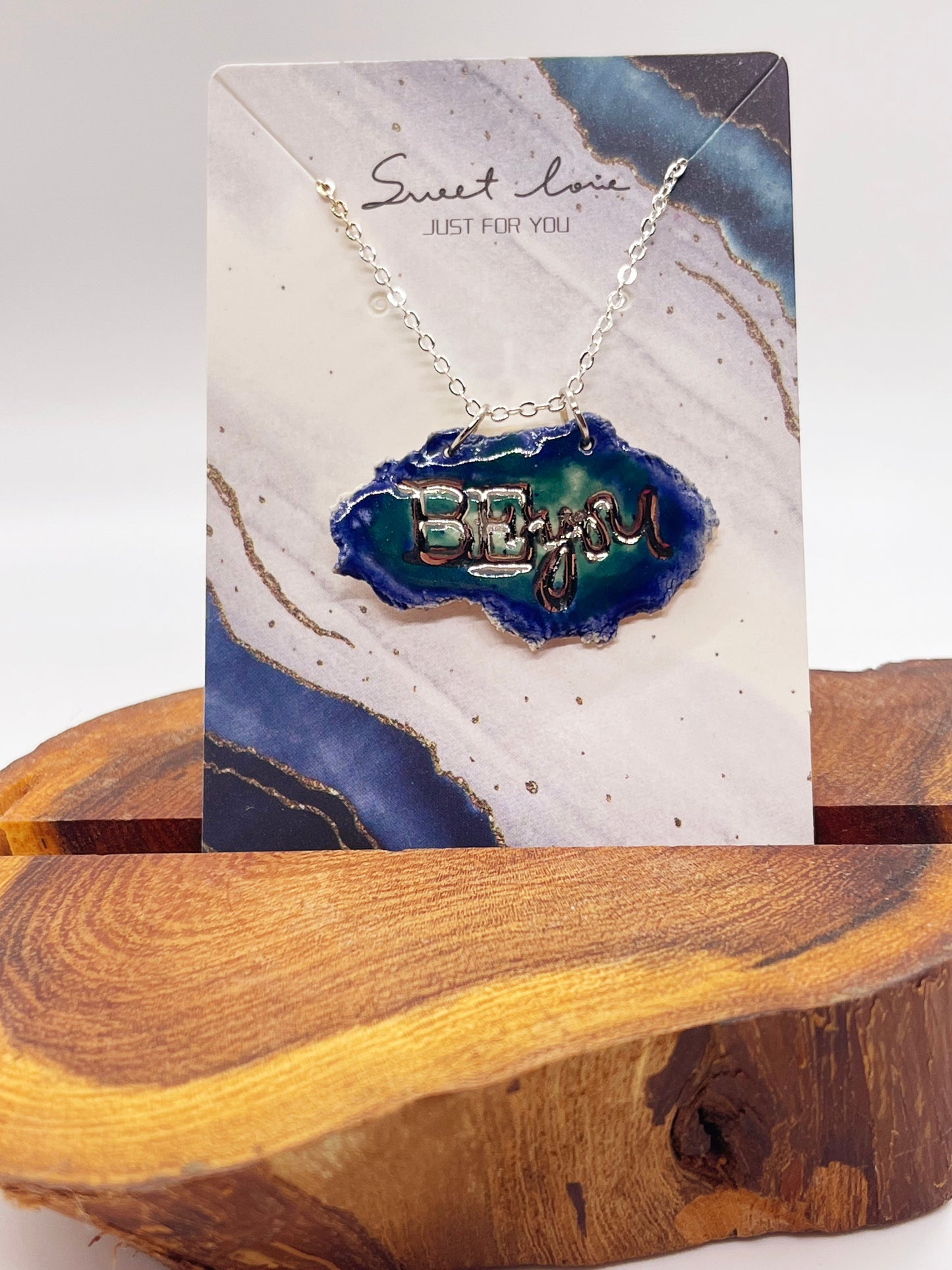 Necklace with Sterling Silver & 24k White Gold Accents - “Be You” TEAL & BLUE