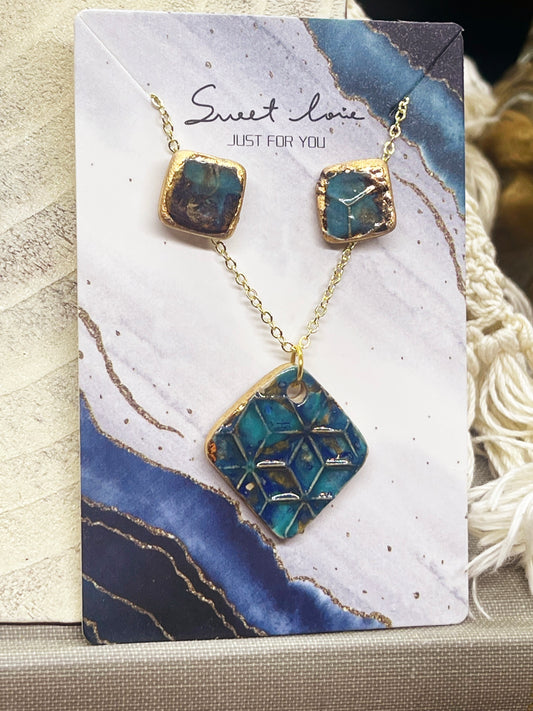Necklace and Earring Set with 24K Gold Accents - Teal Geometric Set
